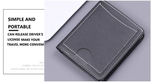 Detailed shot of black grain leather wallet with white contrast stitching and card slot