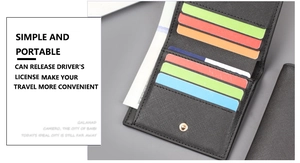 Detail view of bi-fold wallet featuring multi-color card slots and Saffiano leather texture