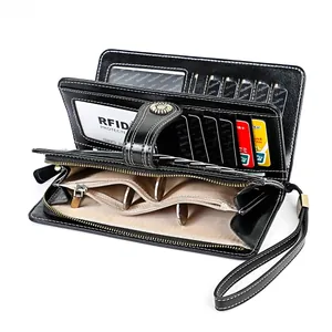 Vue intérieure du portefeuille long en cuir RFID avec fentes pour cartes et zip