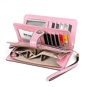 Portefeuille long en cuir rose avec plusieurs fentes pour cartes et protection RFID