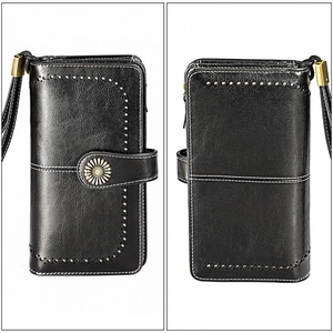 Détails du portefeuille vintage en cuir noir avec boucle de tournesol et couture