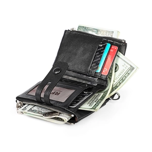 Men's RFID blocking black leather wallet with multi-card slots and secure zipper pocket