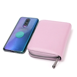 Tarjetero RFID de cuero rosa con textura de lichi, cremallera metálica y diseño acordeón