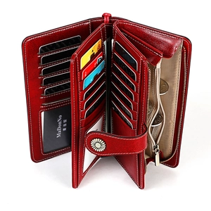 Portefeuille long vintage en cuir rouge avec protection RFID et plusieurs fentes