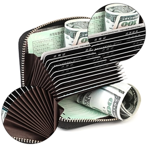 Detailed interior of leather RFID card holder with accordion slots and driver license storage