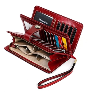 Portefeuille femme en cuir rouge vintage avec blocage RFID et compartiments multiples