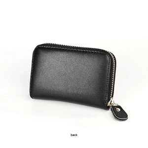 Rear view of black lychee leather credit card wallet with gold metal zipper detail