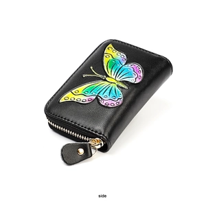 Side view of black leather RFID card holder featuring vibrant colorful butterfly embossing