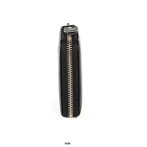 Side view of black leather accordion card holder with gold zipper and metal stud detail