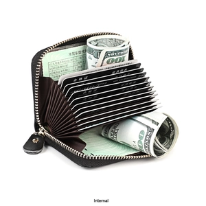 Detail view of the black leather accordion card holder with multiple slots and metal zipper