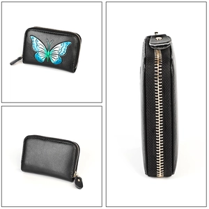 Detail view of leather card holder featuring gradient butterfly print and荔枝 texture