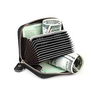 Detail view of genuine leather RFID card holder with multi-slot accordion interior