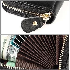 Detail of RFID leather card wallet with gold zipper and accordion card slots