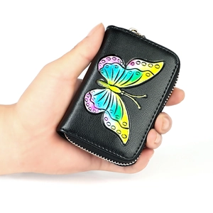 Women's Genuine Cowhide Leather RFID Blocking Card Holder Accordion Style Painted Butterfly Zipper Mini Purse Wallet