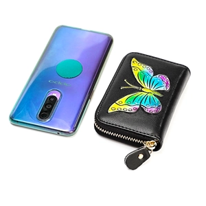 Genuine leather RFID card holder with colorful butterfly pattern and zipper closure