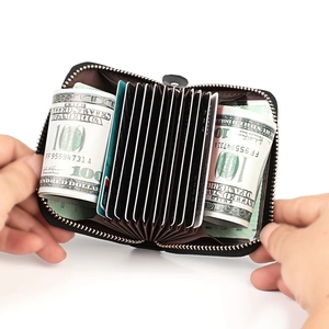 Black leather accordion card wallet with RFID protection and butterfly floral pattern