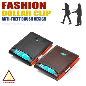 Slim leather bifold wallet with contrast orange lining and metal money clip for cash