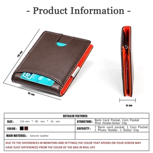 Slim genuine leather wallet for men with money clip and contrast orange lining