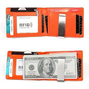 Orange slim leather wallet featuring RFID protection, multiple card slots, and money clip