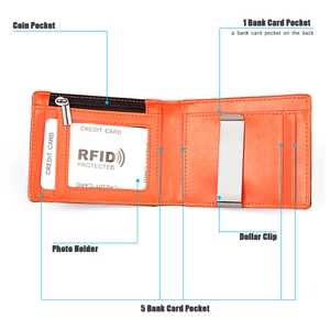 Detailed internal view of orange RFID leather wallet with coin pocket and money clip