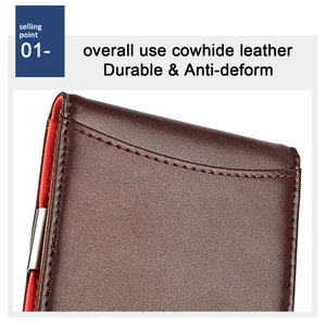 Macro detail of brown cowhide leather wallet featuring durable stitching and metal money clip