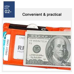 Detail of orange leather wallet interior showing RFID card slots and zipper coin pouch