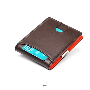 Slim brown leather men's wallet with orange interior and external card slot view