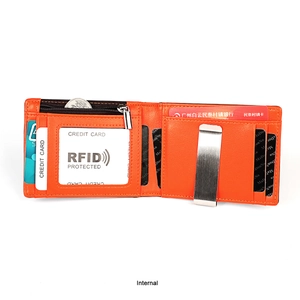 Internal view of orange leather wallet with RFID card slots and stainless money clip