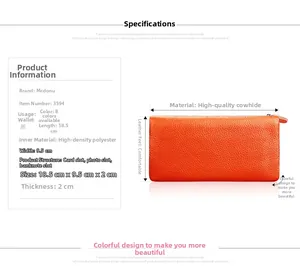 Detailed size chart of orange litchi grain cowhide leather wallet with internal structure