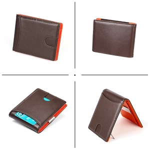 Slim brown leather bifold wallet with orange interior and metal money clip detail