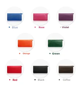 Matrix view showing eight vibrant colors of long leather zip wallets with lychee texture