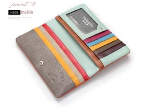 Interior view of leather long wallet with multi-color patchwork and multiple card slots