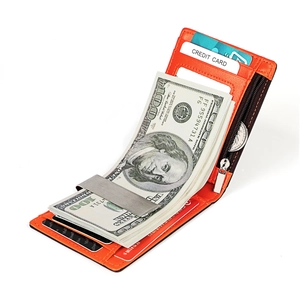 Orange slim leather wallet with silver money clip and multiple card slots shown with bills