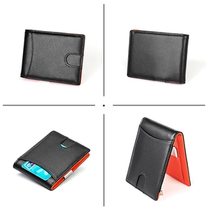 Slim bifold wallet for men featuring black pebbled leather and bright orange interior detail