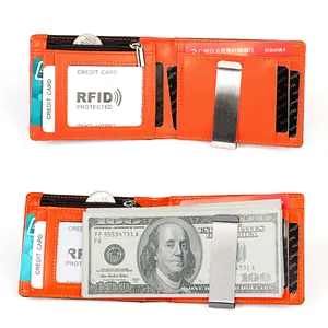 Detail of slim leather wallet for men featuring RFID protection and stainless steel money clip