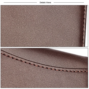 Macro view showing deep brown leather grain and reinforced stitching on the slim wallet