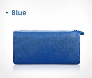 Macro detail of royal blue pebbled leather wallet with silver zipper and textured finish
