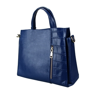 Blue leather handbag featuring a stylish combination of pebble grain and crocodile textures