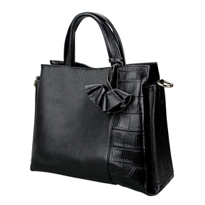 Detail of black leather handbag with pebble grain texture and crocodile pattern panels