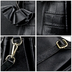 Detailed views of black pebbled leather texture and gold hardware on the shoulder bag