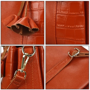 Detail shots of orange leather texture, crocodile patterns, and silver hardware on handbag