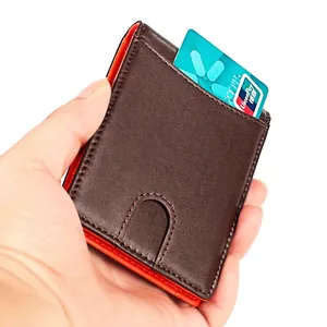 Slim dark brown genuine leather men's wallet with bright orange lining and card slot