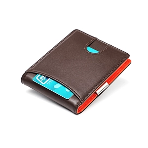 Slim bifold men's leather wallet in dark brown and orange with RFID blocking features
