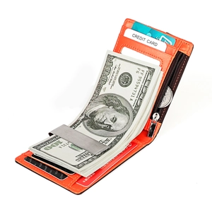 Slim orange genuine leather men's bifold wallet with silver money clip and RFID blocking
