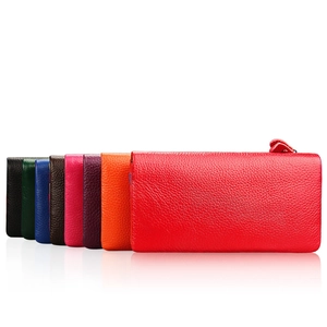 Genuine Top Layer Cowhide Leather Women Long Wallet Pebbled Litchi Pattern Zipper Clutch Purse Money Organizer Handbag