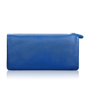 Elegant blue genuine leather long wallet for women with pebbled texture and metal zipper