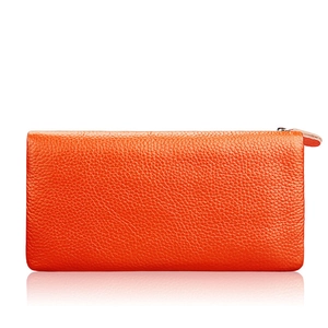 Premium orange pebbled leather long wallet for women with secure zip-around closure