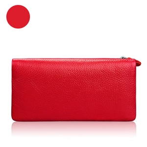 Red genuine leather long wallet for women with zipper closure and litchi grain texture
