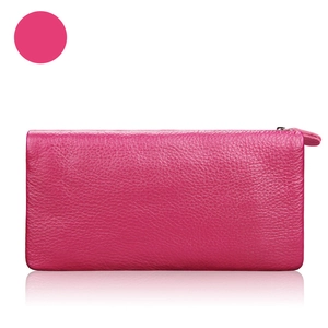 Genuine leather long zipper wallet in fuchsia with premium litchi texture for women