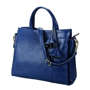 Women Genuine Leather Handbag Top Layer Cowhide Tote Bag Croc Embossed Patchwork Shoulder Crossbody Bag With Tassel Flower Charm Business Bag